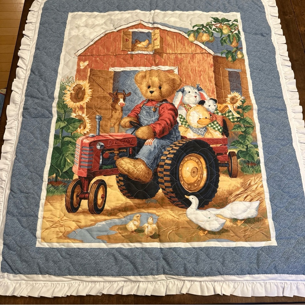 Blue Jean Teddy Quilt Blanket Nursery Handmade Farm Barn Baby Duck‎ Bunny